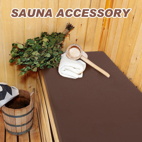 Waterproof Sauna Seat Cushion Mat 43x16 Inches Brown on sauna bench with towel and ladle, heat resistant high density foam pad visible.