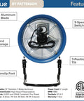 Blue 1400 A Beast Of A 14 Inch High Velocity Floor Fan With Heavy Duty Industrial Grade Build For Home Or Commercial Use Portable Floor Fan With 3 Speed Settings And 3 Tilt Positions Quiet Operation Built In Cord Storage shown with aluminum blades and cord storage.