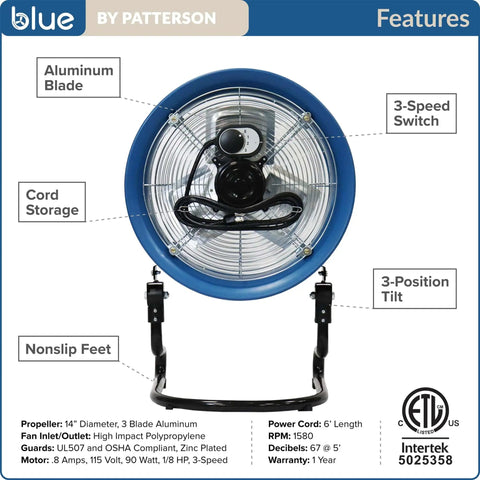 Blue 1400 A Beast Of A 14 Inch High Velocity Floor Fan With Heavy Duty Industrial Grade Build For Home Or Commercial Use Portable Floor Fan With 3 Speed Settings And 3 Tilt Positions Quiet Operation Built In Cord Storage shown with aluminum blades and cord storage.