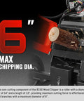 6 Inch Wood Chipper Shredder Mulcher With Kohler 429cc 14HP Gas Engine showing 6 inch branch being chipped