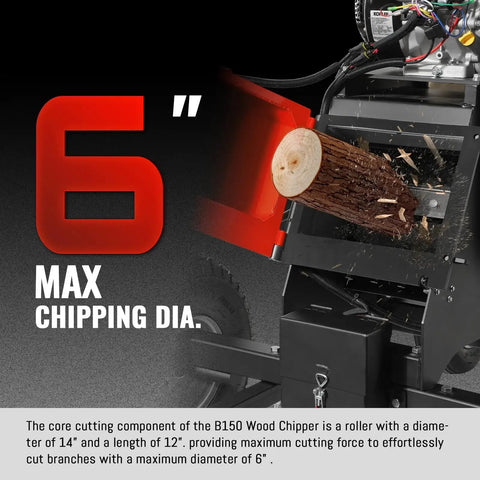 6 Inch Wood Chipper Shredder Mulcher With Kohler 429cc 14HP Gas Engine showing 6 inch branch being chipped