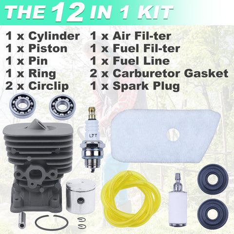 35Mm Cylinder Piston Kit For Husqvarna 128C 128CD 128L 128LD String Trimmer With Air Filter Fuel Filter Spark Plug Gasket Ring Replacement Parts 545008082 Easy Install displayed in 12-in-1 set