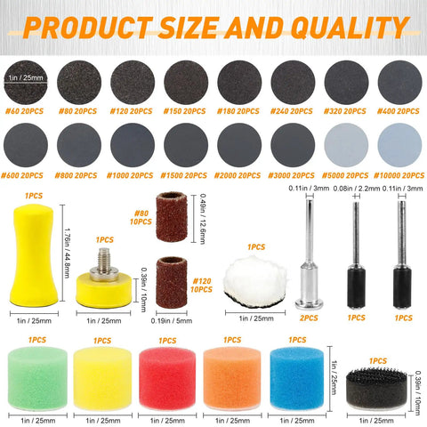 1 Inch Wet And Dry Sanding Discs Kit For Rotary Tools with various grits and accessories displayed