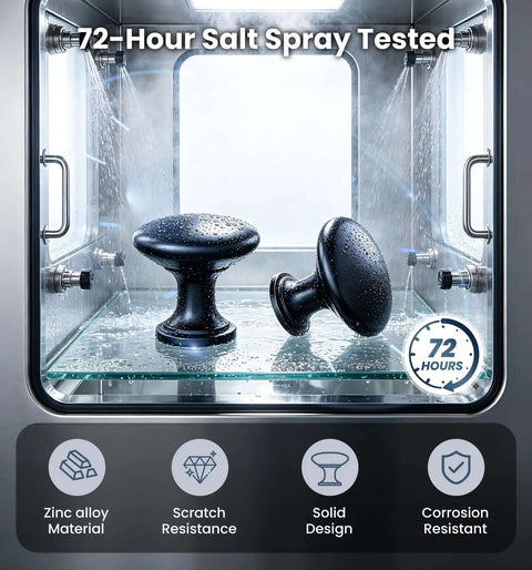 Beefy Matte Black Zinc Alloy Cabinet Knobs 5 Pack in 72-hour salt spray test chamber, showcasing durability and moisture resistance.