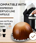 Nespresso VertuoLine capsule compatibility illustration with coffee machine and capsule detail, focus on oval Nespresso capsule.