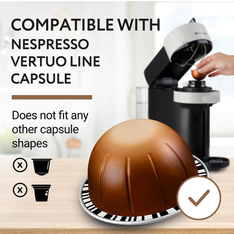 Nespresso VertuoLine capsule compatibility illustration with coffee machine and capsule detail, focus on oval Nespresso capsule.
