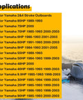 Image showing application list for "Three Piece 8mm Fuel Line Connector Set For Yamaha Outboard Motors With Female And Male Fittings For Five Sixteenths Inch Fuel Hose Replaces OEM Part Numbers 6E5 24305 06 00 And 6Y2 24305 06 00" alongside an outboard motor on water.