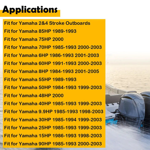 Image showing application list for "Three Piece 8mm Fuel Line Connector Set For Yamaha Outboard Motors With Female And Male Fittings For Five Sixteenths Inch Fuel Hose Replaces OEM Part Numbers 6E5 24305 06 00 And 6Y2 24305 06 00" alongside an outboard motor on water.