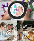 Illuminated 10X And 5X Magnifier With Dimmer Lamp in use for embroidery, reading, sewing, and painting, desktop clamp design