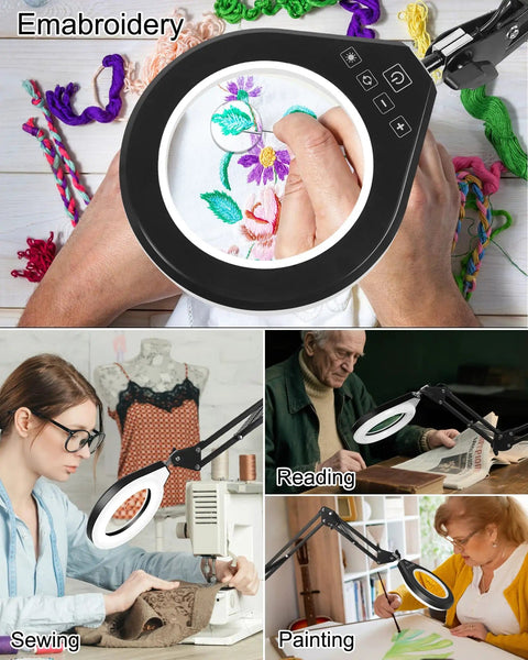 Illuminated 10X And 5X Magnifier With Dimmer Lamp in use for embroidery, reading, sewing, and painting, desktop clamp design