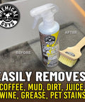 Lightning Fast Carpet And Upholstery Stain Extractor 16 Oz spray bottle next to cleaning brush on carpet pre-cleaning.
