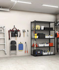Garage Storage Hooks For Keyhole And Wall Shelves Heavy Duty Utility Hangers holding tools, ladder, and folding chair in a garage.
