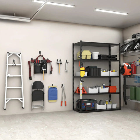 Garage Storage Hooks For Keyhole And Wall Shelves Heavy Duty Utility Hangers holding tools, ladder, and folding chair in a garage.