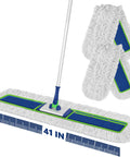 41 Inch Wide Industrial Dry Mop for Heavy Duty Cleaning with Long Handle and Two Replacement Pads, shown with dimensions.