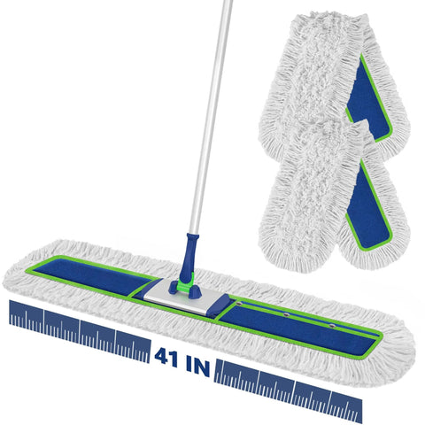 41 Inch Wide Industrial Dry Mop for Heavy Duty Cleaning with Long Handle and Two Replacement Pads, shown with dimensions.