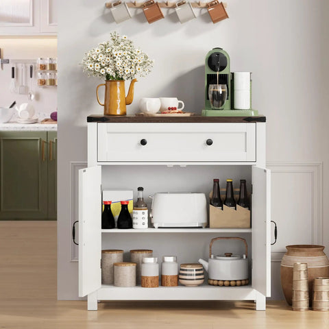 Farmhouse Style Sideboard Buffet Cabinet With Storage And Adjustable Shelf And Barn Door For Kitchen Dining Room Bathroom Entryway White With Ample Drawer And Two Door Cabinet To Organize Coffee Beans Spices And Everyday Essentials For Busy Kitchens