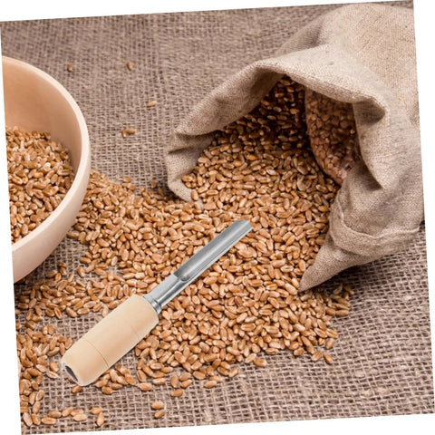 Stainless Steel Rice Grain Sampling Probe For Wheat Corn And Rice Efficient Grain Sampler on burlap with scattered wheat grains