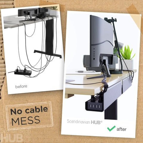 Before and after using under desk cable management tray set of 2 with self adhesive installation for clutter-free desk look.