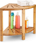 Corner Bamboo Shower Bench With Storage Shelf, 2 Tier Wood Seat, Non Slip Feet, Go To Bath Stool And Organizer For Bathroom, Living Room, Bedroom Or Garden Storage with towels and products displayed.