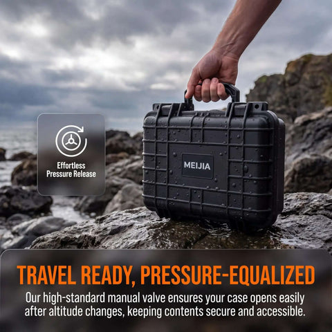 Rugged IP67 Waterproof Dry Box To Keep Your Cameras And Action Gear Toast From Water Hits Featuring Adjustable Foam Pad Inserts And Heavy Duty Seals In Matte Black Finish on rocky shore with water droplets.