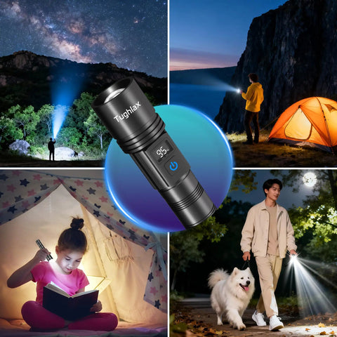 Ultra Bright LED Rechargeable Flashlights Two Pack With LCD Battery Display, 9900 Lumens, Zoomable Beam, used outdoors and indoors
