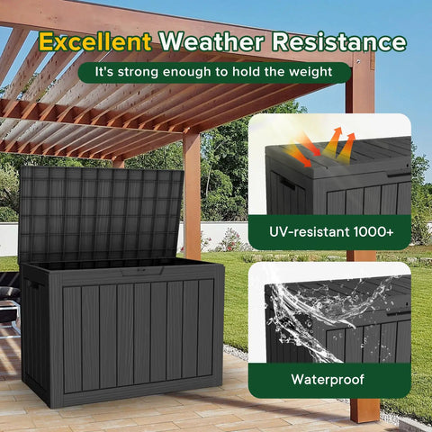Heavy Duty 50 Gallon Outdoor Storage Box With Lockable Waterproof Seal Tough Deck Box open under pergola