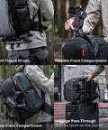 OneMo 2 35L To 45L Camera Backpack with expandable storage showing tripod straps, flexible compartments, and luggage pass-through
