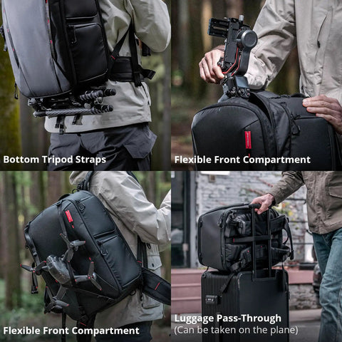 OneMo 2 35L To 45L Camera Backpack with expandable storage showing tripod straps, flexible compartments, and luggage pass-through