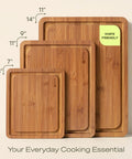Top Shelf Wooden Cutting Boards For Kitchen Meal Prep And Serving With Deep Juice Groove And Sturdy Handles Real Deal Charcuterie Serving Tray And Tough Butcher Block For Steak Slicing And Daily Cooking Three Piece Set - bamboo cutting boards in various sizes 14x11", 11x9", 8x7".