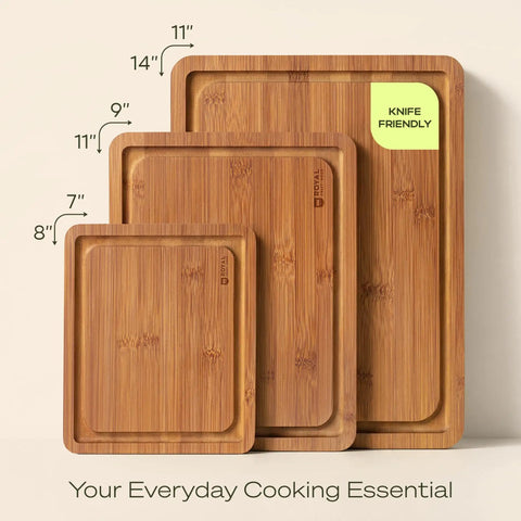 Top Shelf Wooden Cutting Boards For Kitchen Meal Prep And Serving With Deep Juice Groove And Sturdy Handles Real Deal Charcuterie Serving Tray And Tough Butcher Block For Steak Slicing And Daily Cooking Three Piece Set - bamboo cutting boards in various sizes 14x11", 11x9", 8x7".