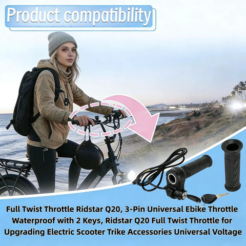 Full Twist Throttle For Q20 Q20 Pro Lite Electric Bikes And Scooters 3 Pin Waterproof Plug Universal Voltage Compatible With Q20 Series Includes 2 Keys Upgraded E Bike Trike Accessory