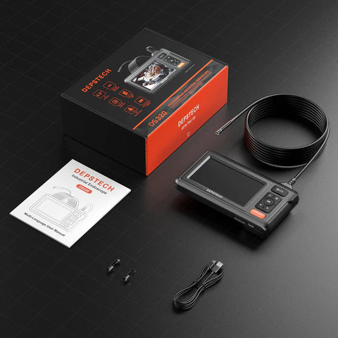 Dual Lens Endoscope Borescope Camera With Light, HD 4.3 Inch IPS Screen, IP67 Waterproof, 16.5ft Semi-Rigid Snake Cable For Cars, Walls, Drains And Pipes, Flip Between Front And Side Views With Ease. Box set with screen, cable, manual, and USB cable