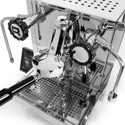 Close-up of Cinquantotto Dual Boiler Espresso Machine With PID Touchscreen And Auto On Timer Stainless Steel Finish