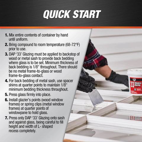 Instructions for applying Window Glazing Compound for Wood Metal and Aluminum Sash White 16 oz on window frames.