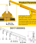 Heavy Duty Forklift Jib Boom Telescopic Crane Attachment With Heavy Gauge Hook 11000 LB Capacity, showcasing fork pockets and dimensions.