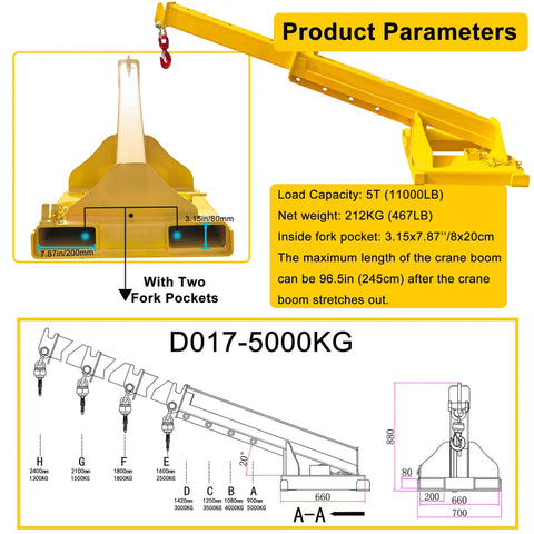 Heavy Duty Forklift Jib Boom Telescopic Crane Attachment With Heavy Gauge Hook 11000 LB Capacity, showcasing fork pockets and dimensions.