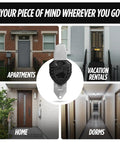 Blocklock Portable Door Lock For Travelers And Renters, shown in various settings like apartments, vacation rentals, homes, and dorms.