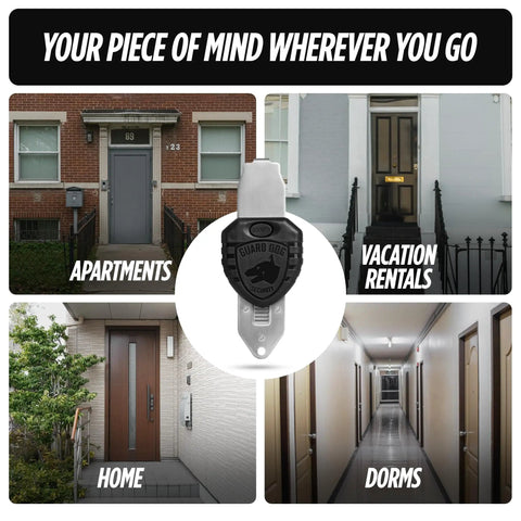 Blocklock Portable Door Lock For Travelers And Renters, shown in various settings like apartments, vacation rentals, homes, and dorms.