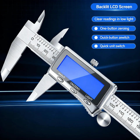 Close-up of the 6 Inch Rechargeable Digital Caliper with Backlit LCD USB C Charging showing precise measurements and buttons.