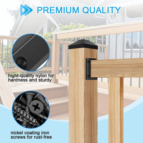 Installed view of 30 Pcs Deck Railing Bracket Connectors for 2x4 Wood Posts with 180 Coated Iron Screws Weatherproof Nylon Brackets