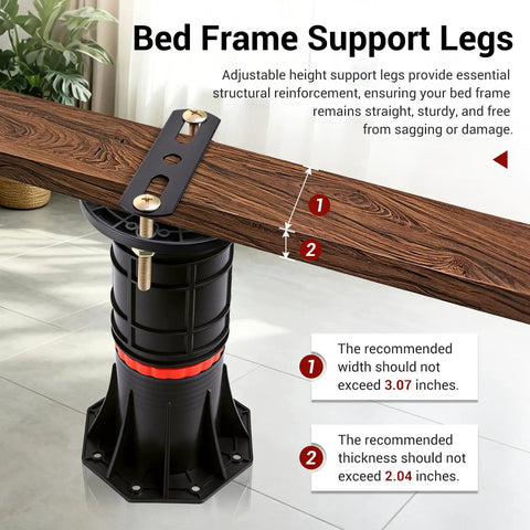 Four Piece Adjustable Bed Support Legs With Reinforced Steel Brackets, Holds Up To 4400 Pounds Per Leg, Ranges From Eight To Thirteen Point Five Inches, Built Tough Heavy Lifters To Ban Saggin And Silence Creaky Queen King Frames, adjustable height support leg installed under wood beam.