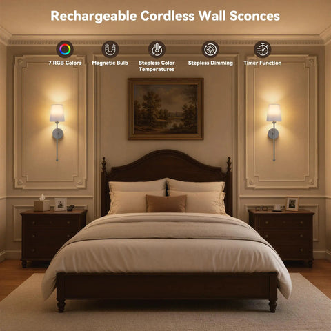 Battery Operated Wall Sconce Set of 2, RF Remote, Grey and Grey Shade mounted beside a bed in a cozy bedroom setting.