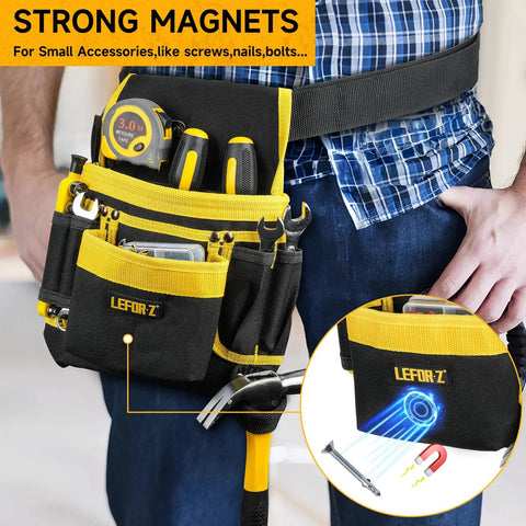 26 Pocket Nylon Tool Belt With Detachable Pouch, Quick Release Buckle shown on waist, strong magnets for accessories in black and yellow.