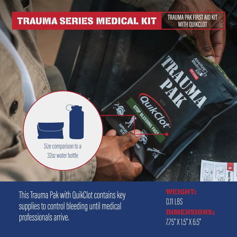 Trauma Pak first aid kit in black pouch with QuikClot sponge, held in hands; front view with size comparison circle.