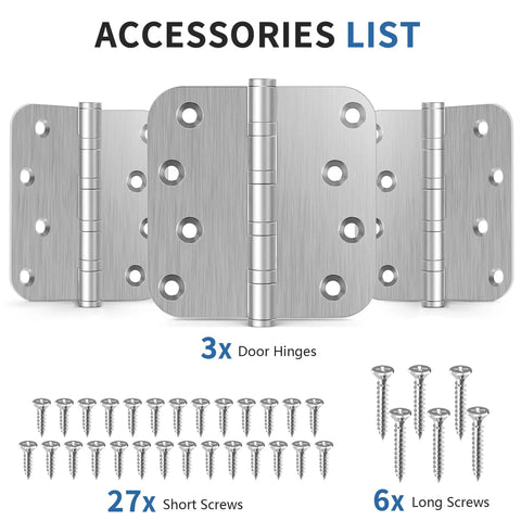 Heavy Duty Ball Bearing Door Hinges 4X4 Brushed Nickel Finish with 27 Short and 6 Long Screws included.