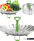 Vegetable Steamer Basket For Cooking Stainless Steel Folding Expandable Steaming Insert With Extendable Handle, fits pots 5.1 to 9 inches.