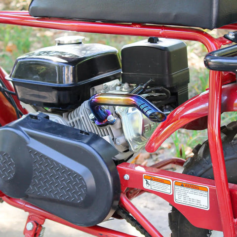 Exhaust Pipe Header Kit For 212cc Predator Non Hemi And 196cc KT196 Mini Bike Engines installed on red mini bike frame