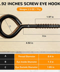 4.92 inch screw eye hook with dimensions and weight shown, used for hanging and tie downs. Corrosion resistant coated in black steel.
