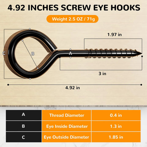 4.92 inch screw eye hook with dimensions and weight shown, used for hanging and tie downs. Corrosion resistant coated in black steel.