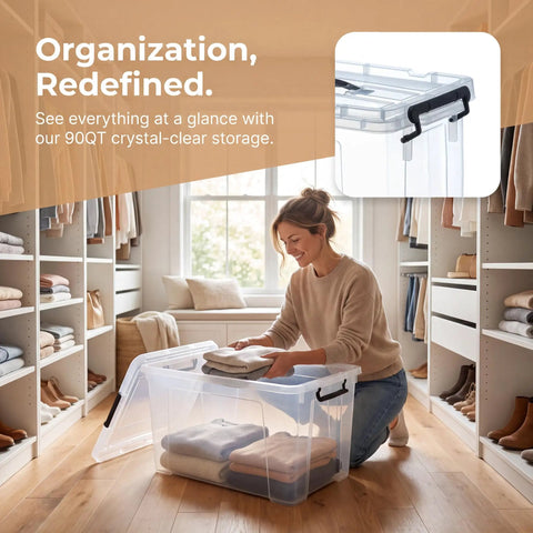 Heavy Duty 90 Quart Clear Storage Bins With Lids Six Pack in use for closet organization, stacking clear containers with clothes.